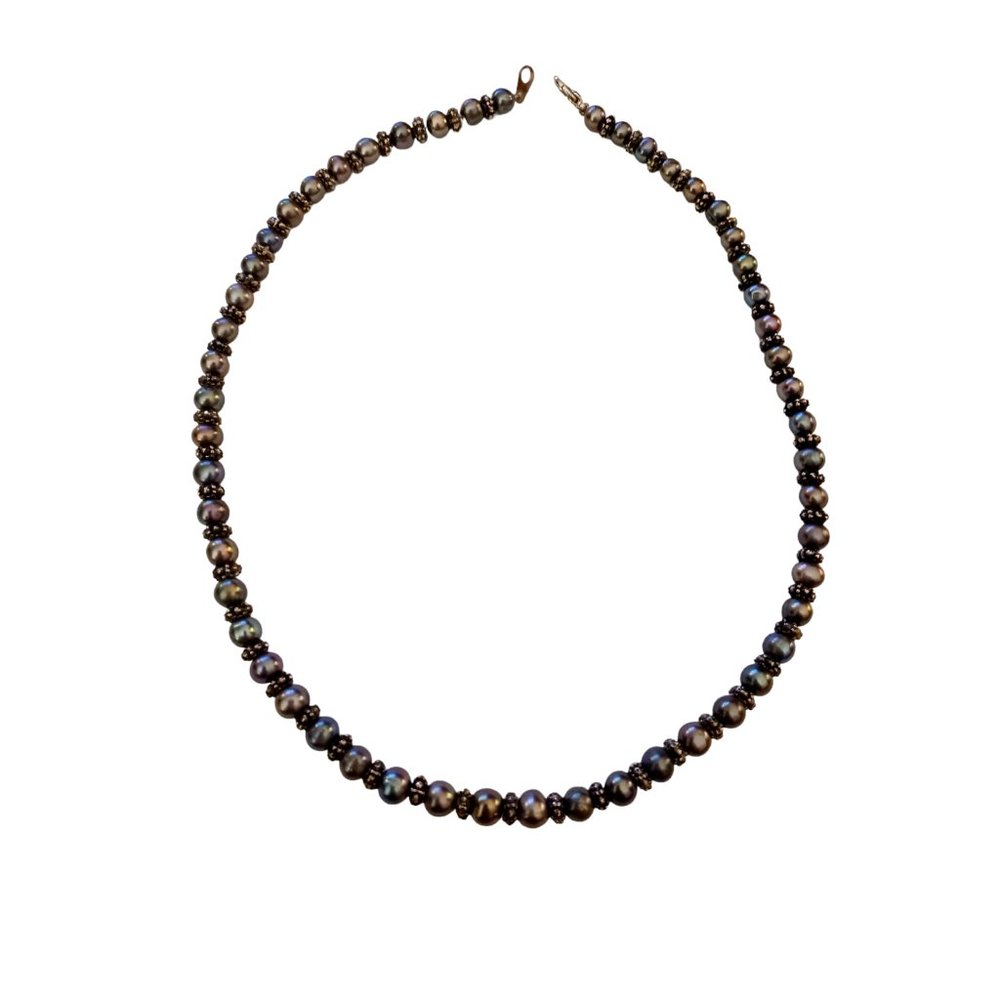 Sterling Silver Bead Real Black Pearl Necklace 18.5"